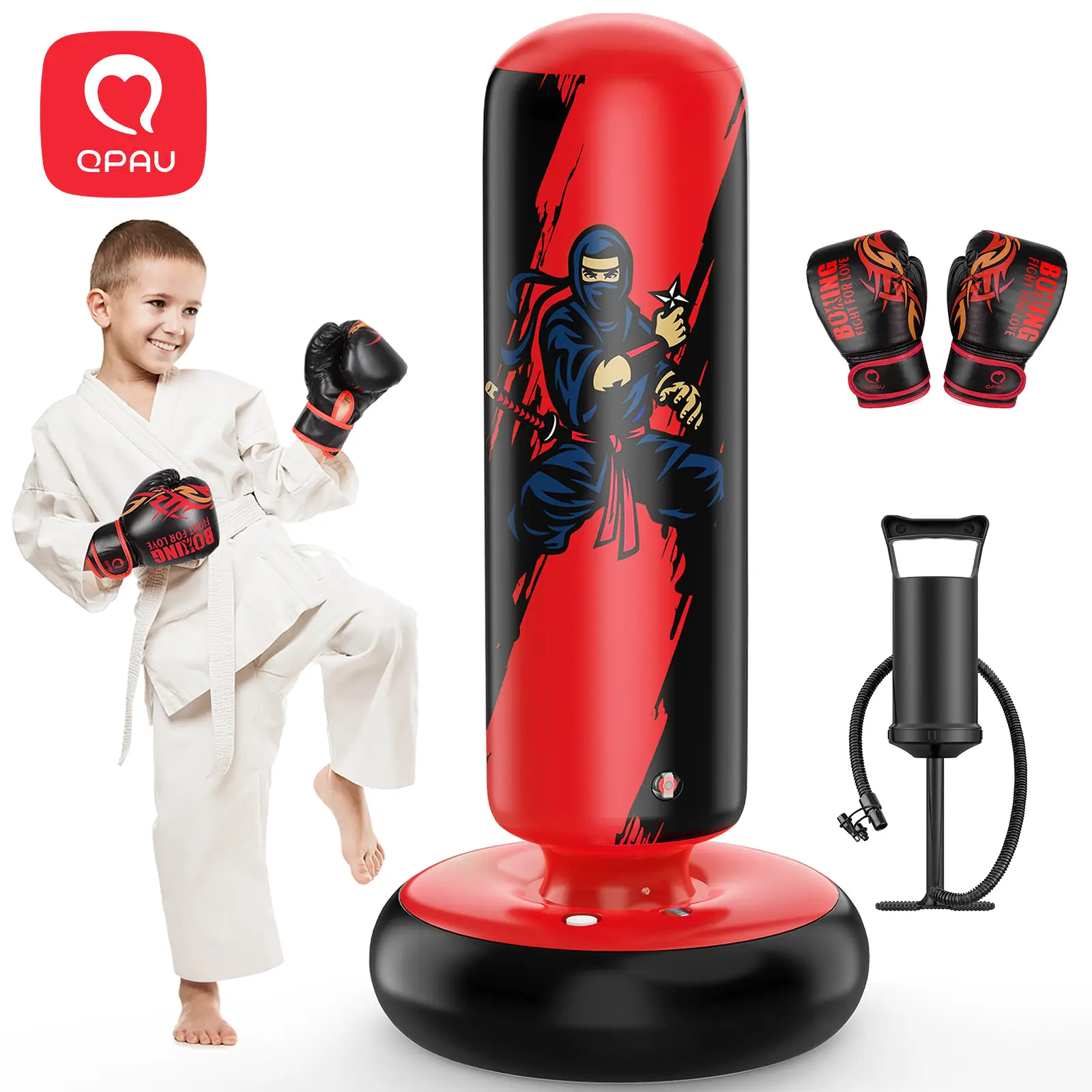 Christmas Gifts QPAU Kids Boxing Bag with Gloves 66-Inch Stabilized Inflatable Boxing Set for Boys Girls Ages 5-12 Karate Kickboxing MMA Sports Equipm