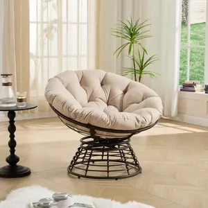 360° Swivel Wicker Papasan Chair - Indoor Outdoor Rattan Chair with Soft Thick Cushion, Ideal for Living Room, Bedroom