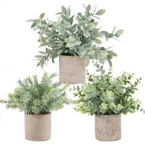 3-Piece Sage Green Mini Potted Artificial Plants, Realistic Faux Eucalyptus Plastic Greenery, Low Maintenance Desk Ornament, Modern Farmhouse Decoration for Bookshelf, Office, Bedroom and Bathroom, Ideal Accent Decor for Spring Home Renewal |