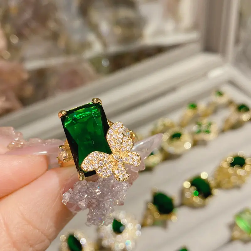Luxury Emerald-Style CZ Ring with Green Stones Gold Plated  display picture 2