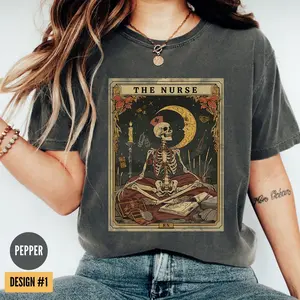 Comfort colors The Nurse Tarot Card Graphic T-shirt Funny Skeleton Nurse Shirt Halloween Nurse Graduate Gift Fall Nurse Tshirt Funny Nursing Shirt Spooky Nurse SchooNurse