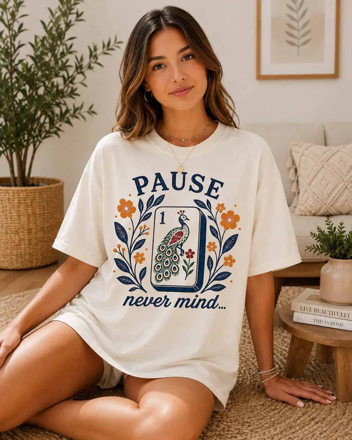 Pause Never Mind Graphic Tee – Colorful Peacock & Floral Design Unisex Shirt