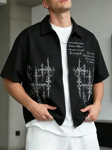 One-Piece Men's Black Cross-Print Zip-Up Short-Sleeved Shirt, Loose Fit, Streetwear Style, Gothic Style Suitable for Everyday Wear and Parties.