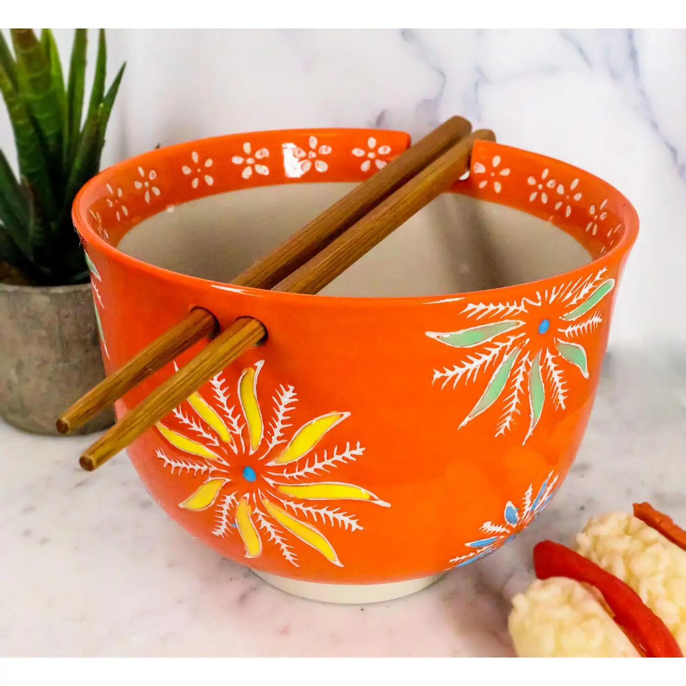 Japanese Design Ceramic Ramen Noodles Bowl Chopsticks Set Orange Flower Blossoms