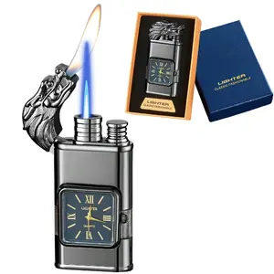 Double flame torch lighter, outdoor windproof portable butane gas replenishment lighter, retro quartz dial lighter, men's gift, gift box packaging (excluding butane gas)