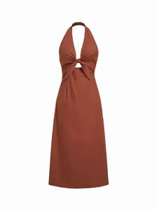Cider Linen-blend V-neck Cut Out Knotted Maxi Dresses