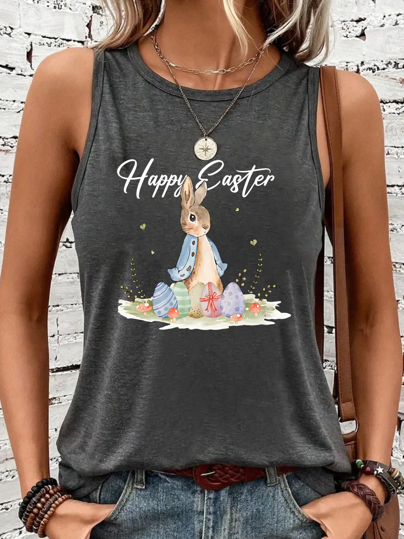 Peter Rabbit Easter Print Casual Round Neck Women's Vest, Womenswear, Fit, Soft Elastic, Sleeveless, Long Clothing, Suitable for All Seasons