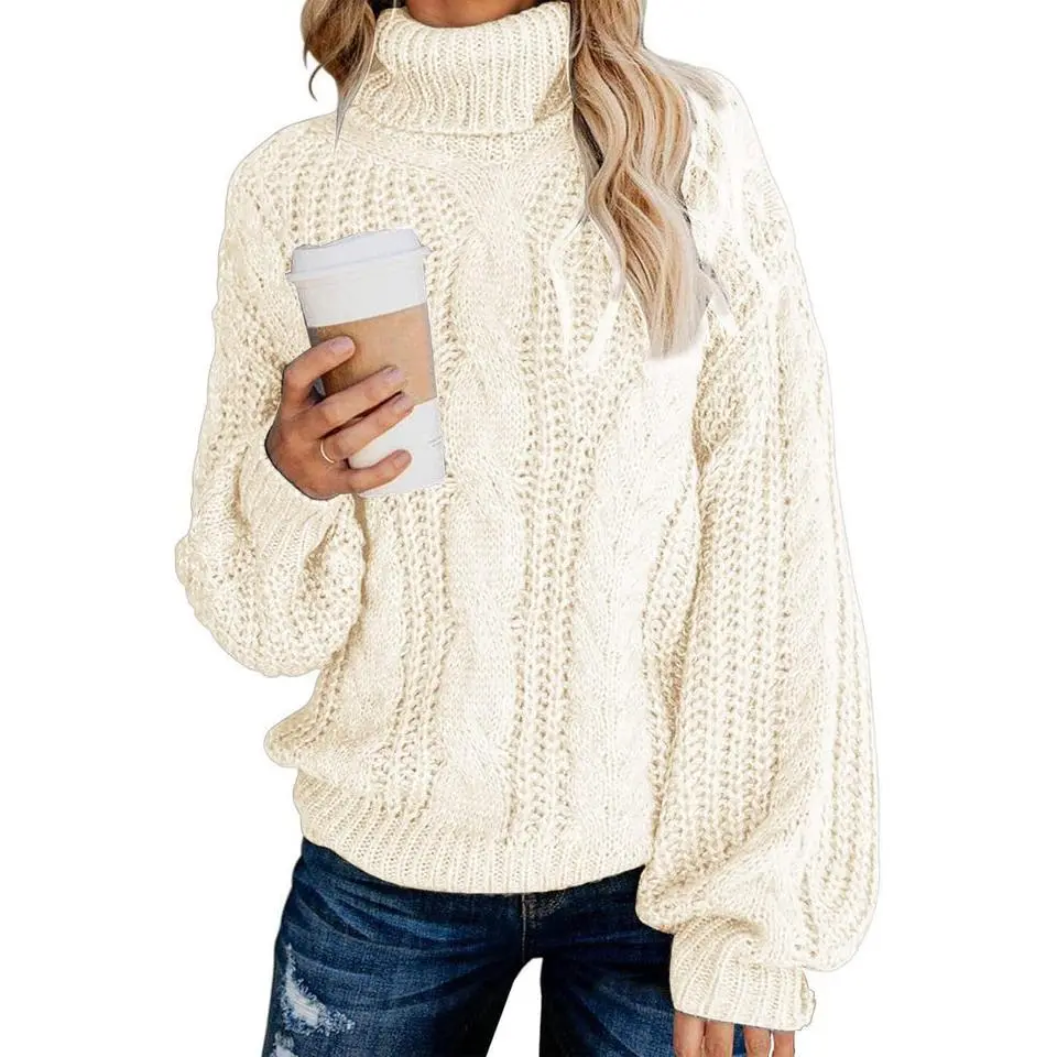 Chic Ballon Sleeve Winter Turtleneck Chunky Sweater Slouchy Oversized Loose Pullover Outerwear Warm Thick