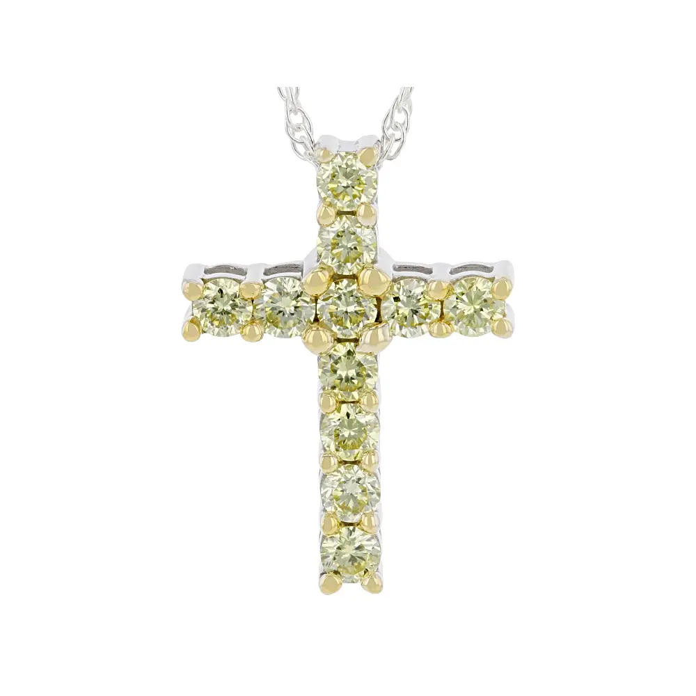 JTV Round Yellow Lab-Grown Diamond Rhodium Over Sterling Silver Cross Pendant With Chain 0.50ctw