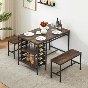 【GARVEE】Kitchen Table with 2 Benches for 4, Dining Table Set for 4 with Wine Rack and Glass Holder, Dining Room Table Set for Small Space, Rustic Brown