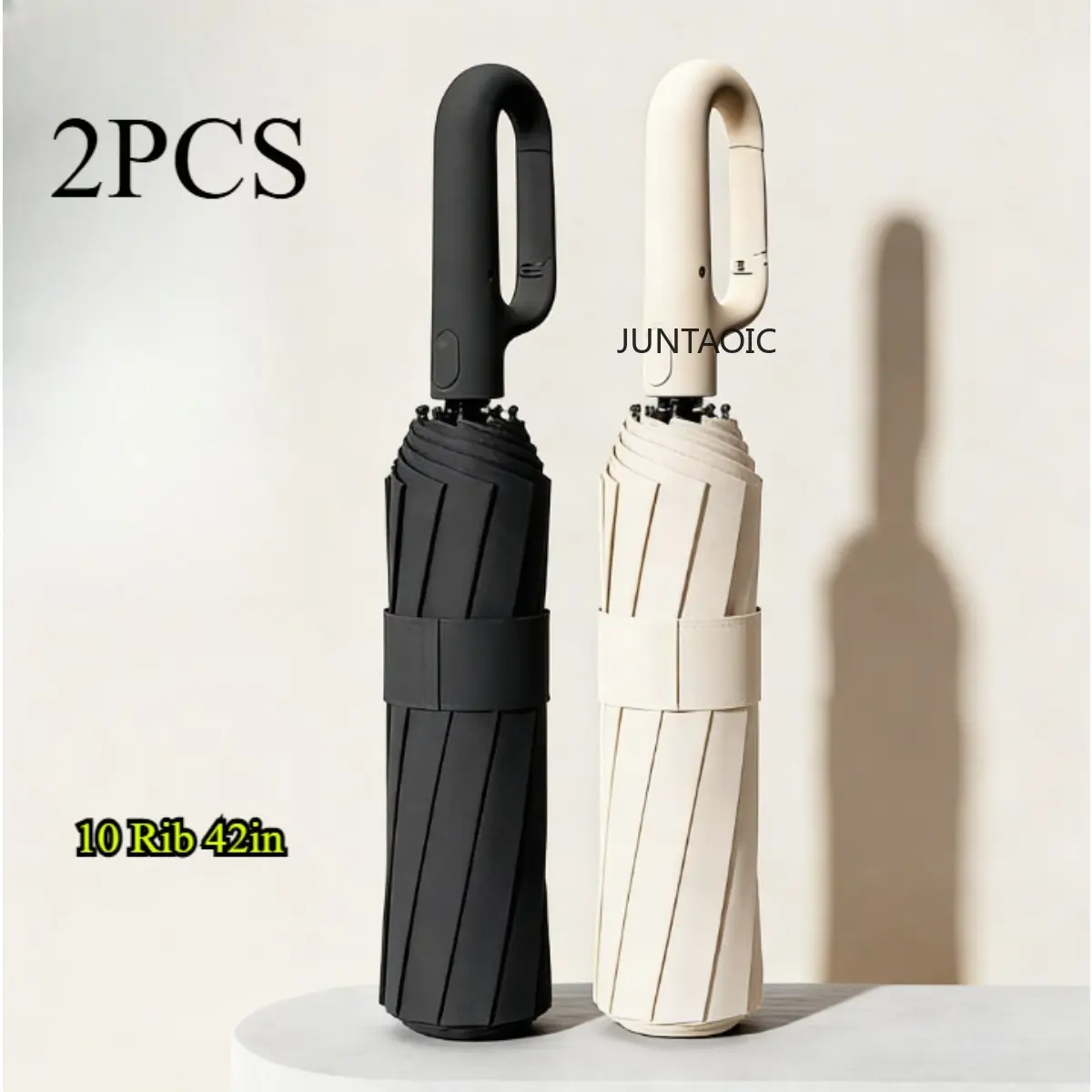 2-Pack Oversize Auto Open-Close Umbrellas Set with Carabiner Hook Handle, 106cm Canopy, 10 Ribs, Windproof, Portable, for Couples & Daily Use, Black & Apricot Colors, Set Pack