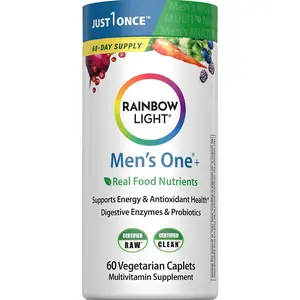 Rainbow Light Mens Multivitamin One + | 60 Caplets | Supports Energy & Antioxidant Health | with Real Food Nutrients, Digestive Enzymes & Probiotics