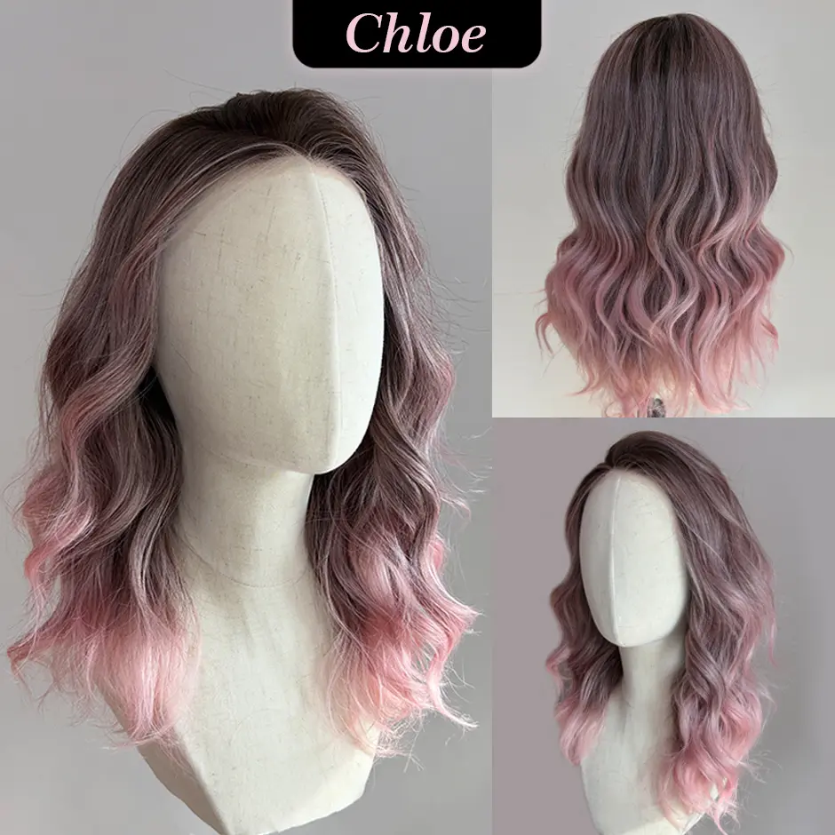 [Chloe] VSIGN Dusty Rose Pink Ombre Wavy Wig Brown Root Gradient 13×6 Lace Front Wig Glueless Beginner Friendly Wear Go Wig Synthetic Wig Soft Natural Looking Hair Easy Install Lightweight Comfortable Feminine Romantic Style
