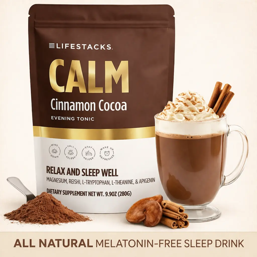 Lifestacks Sleep Drink Powder - Calm Evening Tonic for Deep Sleep & Relaxation - Cinnamon‑Cocoa Nighttime Superfood Drink Mix - Magnesium, L‑Theanine, Reishi Mushroom & L‑Tryptophan for Deep Sleep & Recovery, No Grogginess, Natural Wellness Boost