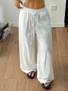 Women's Lightweight Breathable Wide Leg Pants, Front Pocket Long Trousers, Casual All-Season Wear, Comfortable and Stylish, Bottom, Casual Beach Pants