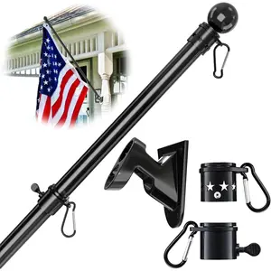 Flag Pole, 6 FT Flag Pole Kit for House, 2 No-Tangle Rings Clips, Flag Holder Bracket, Stainless Steel, Black