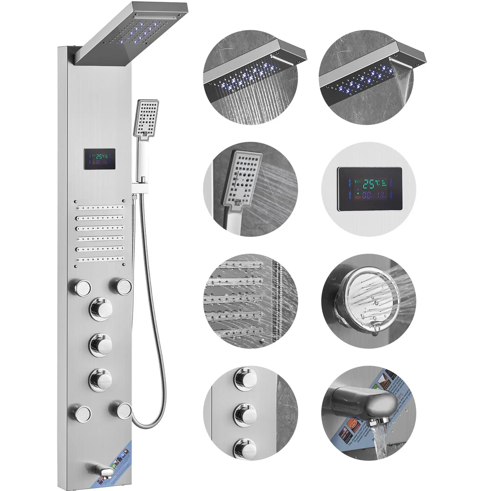 Shower Panel System with 6 Shower Modes, LED Display, Hydroelectric Panel Tower, Rainfall and Waterfall Streams, 5 Massage Jets, Tub Spout, Handheld Shower, Stainless Steel, Wall-Mounted Shower Set