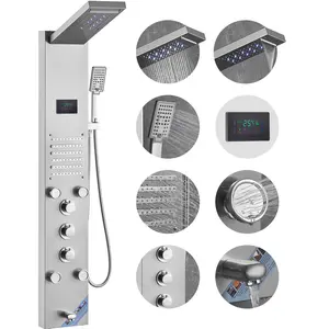 Shower Panel System with 6 Shower Modes, LED Display, Hydroelectric Panel Tower, Rainfall and Waterfall Streams, 5 Massage Jets, Tub Spout, Handheld Shower, Stainless Steel, Wall-Mounted Shower Set