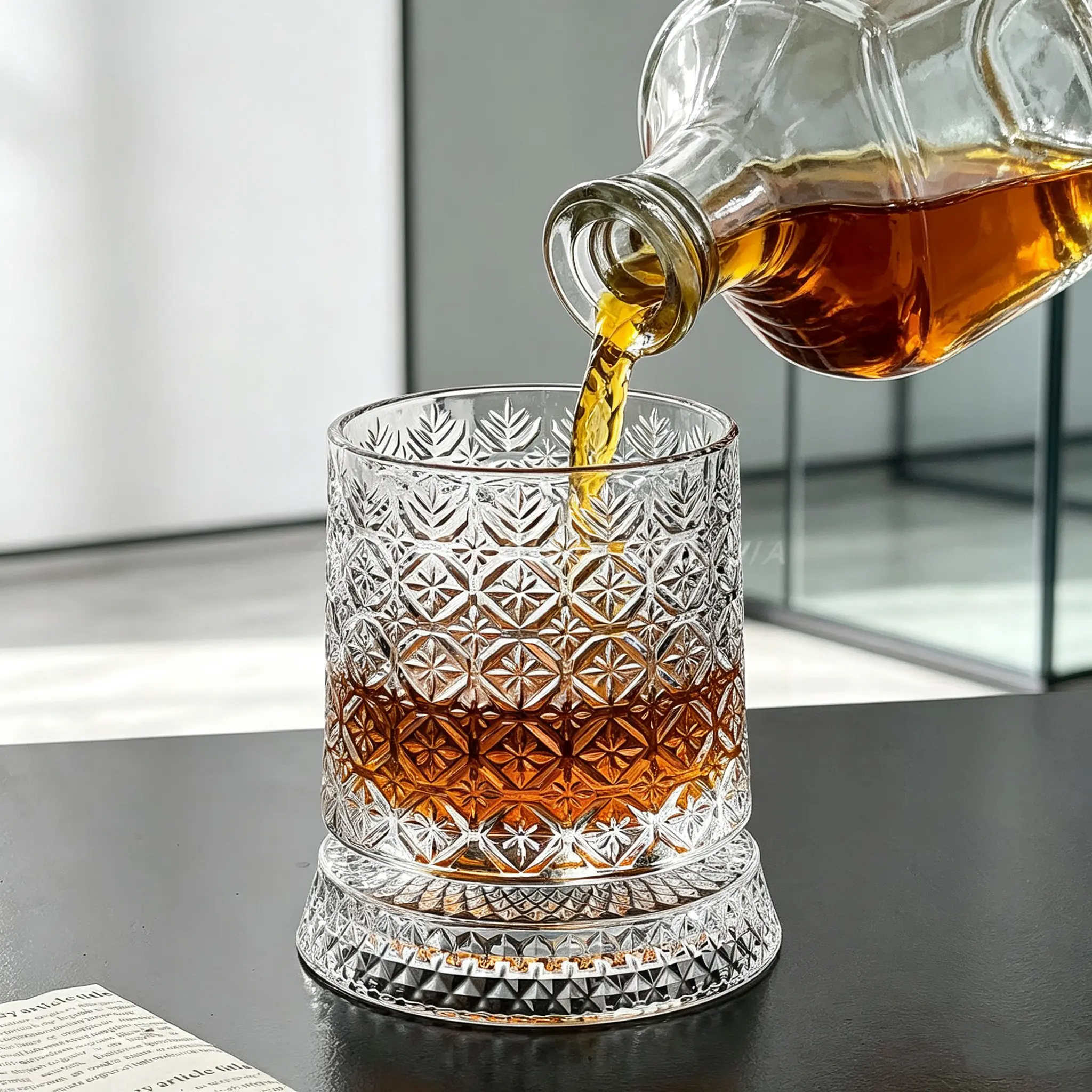Luxurious Spinning whisky glass, with a luminous base and elegant snowflake engraved pattern. Suitable for use in bars, parties and gatherings. An ideal gift choice for friends and family, and a fine piece for bar collection.rotating glass cup