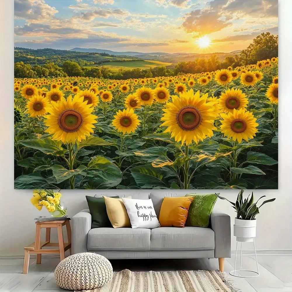 Polyester Large Sunset Sunflower Field Wall Mural Backdrop, 1pc No-Electricity Outdoor Home Decor, Realistic Yellow Sunflowers & Blooming Field Design, Easy Peel-and-Stick, Ideal for Birthday Parties, Birthday Ideas, One-Piece