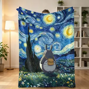Starry Night Totoro Flannel Blanket, Van Gogh Style Art Print Throw, Soft Warm Cozy Blanket for Bedroom Sofa Office, Studio Ghibli Fan Gift