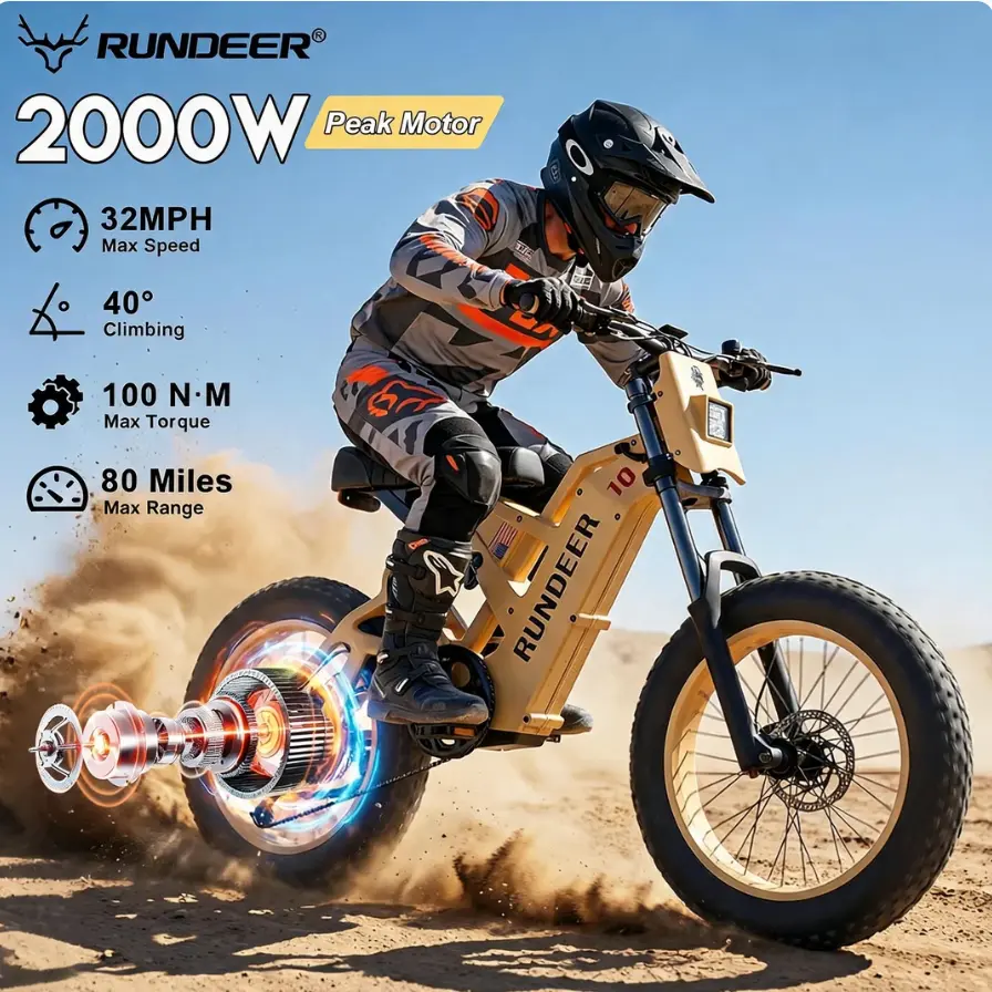 RUNDEER Adult Electric Bike - Aerospace Aluminum Alloy Frame, 2000W Peak Power, 48V 20Ah Battery, 80mi Max Range, 32MPH Top Speed, Dual Disc Brakes, Strong Brakes, Dual Suspension, 7-Speed Gear, 3-Year Support, City Commuting Ebike