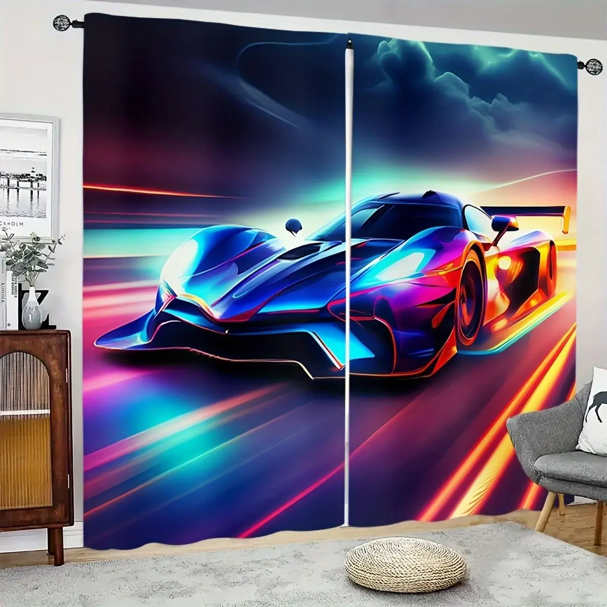Cool Racing Car Curtains Set of 2, Gaming Drapes, Speed Racing Curtains, Extreme Sports Curtains, Semi-Opaque Polyester Material