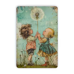Vintage Children with Giant Dandelion Metal Tin Sign, Retro Shabby Chic Wall Art, Perfect Cottagecore & Nursery Decor