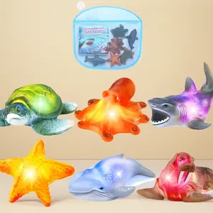 6 Pack LED Floating Bath Toys with Magic Bath Book & Storage Bag for Toddler, No Hole Glowing Sea Creatures with Flashing Color Lights, Sensory Water Play Toy for Kids, Gift for Boys and Girls