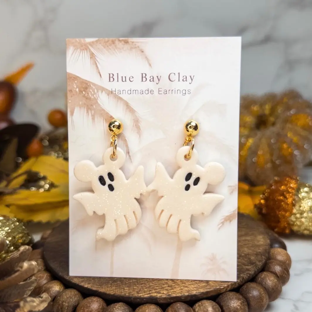 Blue Bay Clay Handmade Clay Mickey Inspired Ghost Earrings Nickel Free Hypoallergenic Fall Jewelry for Special Occasions