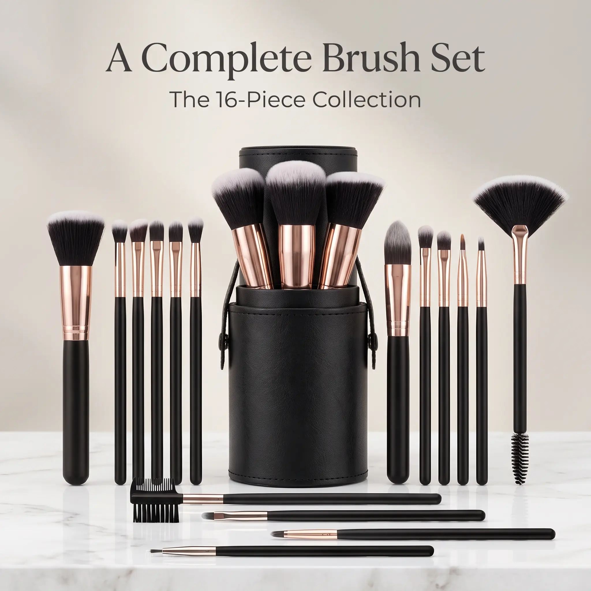 16-Piece Complete Makeup Brush Set with Storage Cup Holder, Premium Soft Synthetic Brushes for Foundation, Powder, Eyeshadow, Blush & Concealer, Professional Cosmetic Brush Kit for Beginners & Makeup Artists