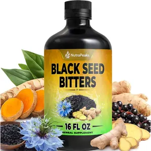 Black Seed Oil Bitters Liquid - Premium Herbal Blend with Black Seed Extract, Curcumin (Turmeric Extract), Ashwagandha, Elderberry, Probiotics, Vitamin C, Zinc...16 fl oz | Natural Botanical Blend