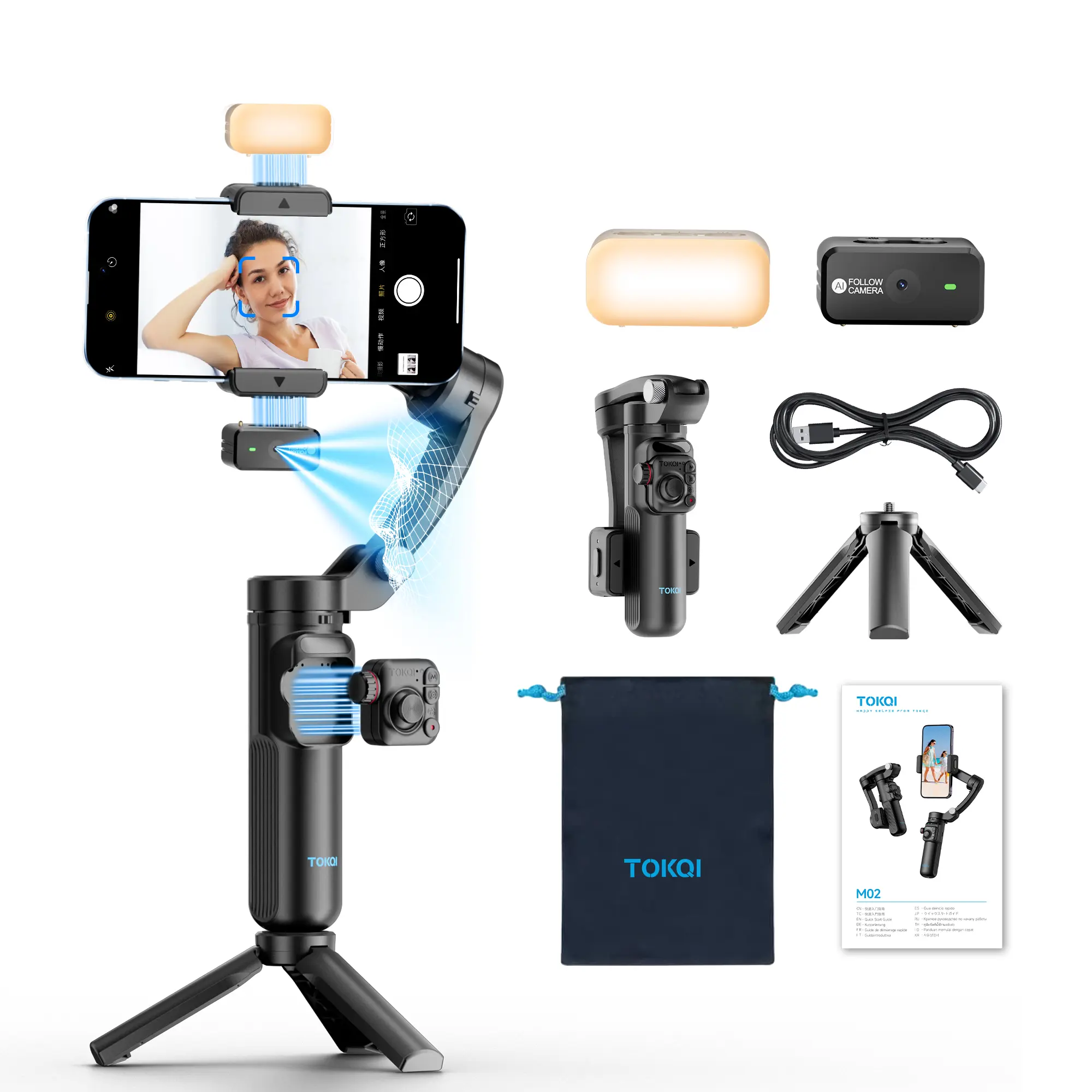 TOKQI M02 3-Axis Smartphone Gimbal Stabilizer for Vlogging - AI Face Tracking, Magnetic Fill Light, Remote Control, Foldable Tripod