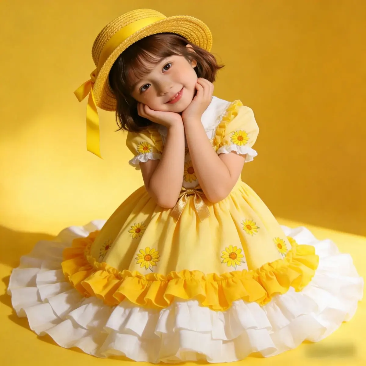 Girls’ 2026 New Yellow Short-Sleeve Summer Princess Dress — Puff Birthday Outfit (Hat Not Included), Easter Wear outdoorfun Floral Print Sundress