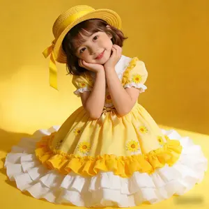 Girls’ 2026 New Yellow Short-Sleeve Summer Princess Dress — Puff Birthday Outfit (Hat Not Included), Easter Wear