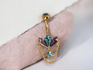 14g Dangling Gold Chain Belly Ring, Multicolor Marquise Gem Decor Charm Belly Button Piercing Jewelry, Gold Dangling Navel Piercing Jewelry stainless steel