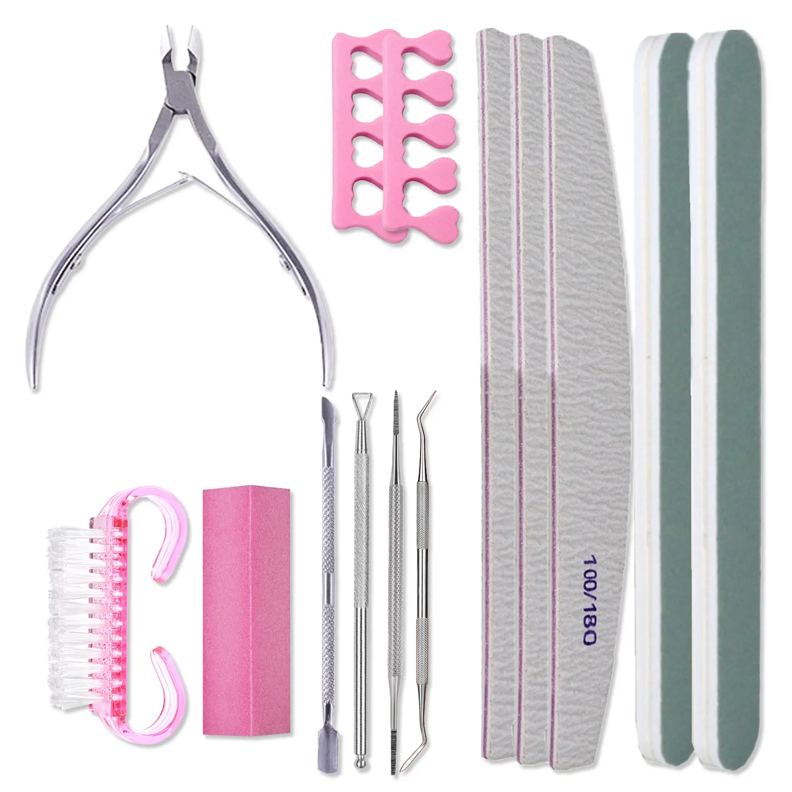 13 pcs Nail Care Kit with 100/180 Nail Files Buffer Block Nippers Trimmer Pusher Separators Tools for Pedicure Manicure Prep Set Essential for Beginners & Professionals