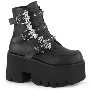 Demonia Ashes-55 Black Vegan Leather Ankle Boot with Studded Bat Buckle Straps