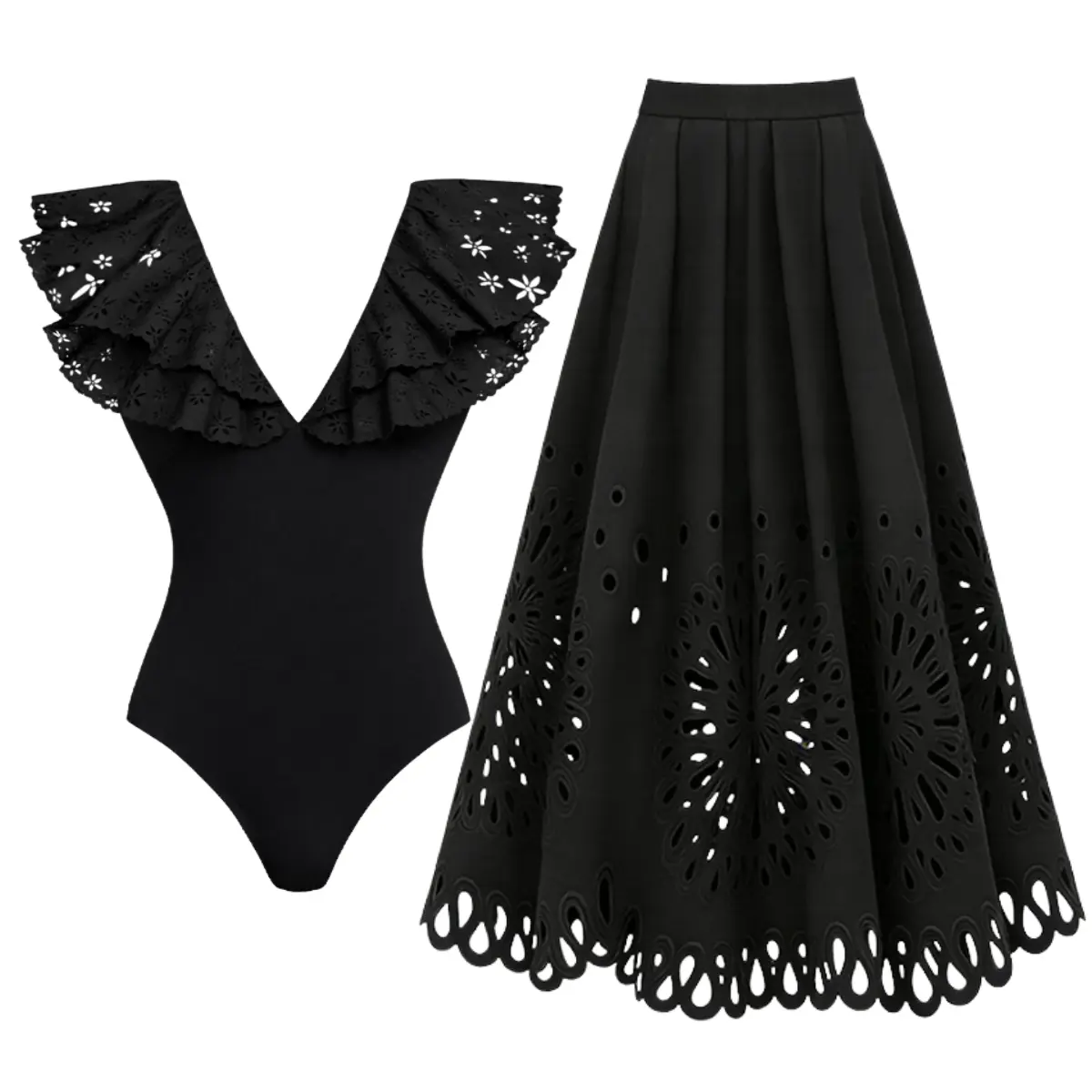 FLAXMAKER Women's Black Laser Cut Ruffle Sleeve V Neck One Piece Swimsuit and Matching Cover Skirt Set Swimdress Stylish Beachwear Bathing Suit SpringStatements Swimoutfit swim sets for women#Summervibes #Summervibes outdoorfun #SwimWeek
