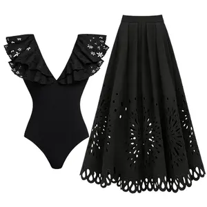 FLAXMAKER Women's Black Laser Cut Ruffle Sleeve V Neck One Piece Swimsuit and Matching Cover Skirt Set Swimdress Stylish Beachwear Bathing Suit SpringStatements Swimoutfit