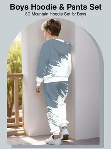 Boys' Casual Hooded Set, Slim Fit Two-Piece, Spring & Fall Wear, Random Print Design, No Zipper, Without Collar