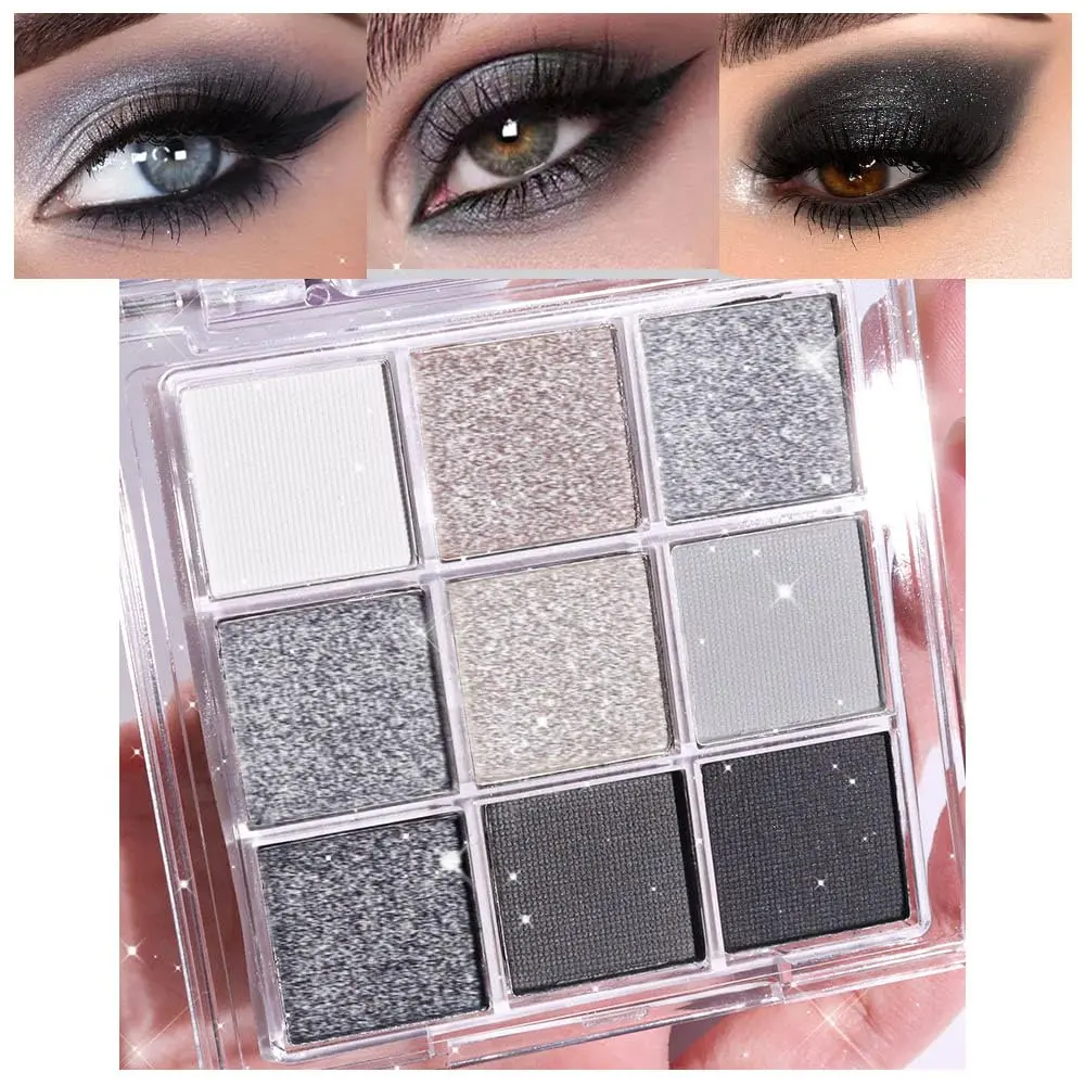 9 Colors Black Smokey Grey Gray Silver Glitter Shimmer Eye Shadow Makeup Palette Pigmented Black Matte Metallic Eyeshadow Makeup Palette sombra negra para ojos para ojos brillantes