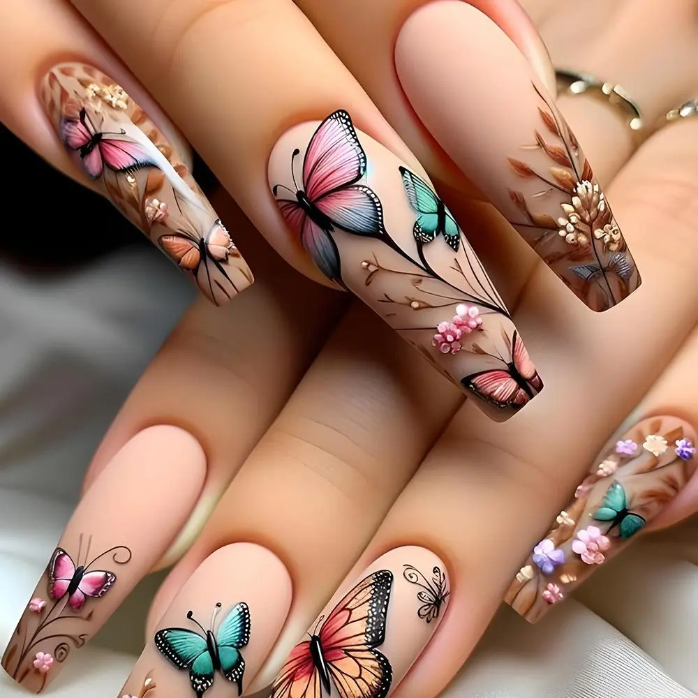 Butterfly Pattern Fake Nails with Nail File & Tape, Long Ballerina False Nails for Women & Girls DIY Nail Art, Nail Designs, Effortless Press on Nails Manicure Set, Nail Art Products, DIY Nail Kit