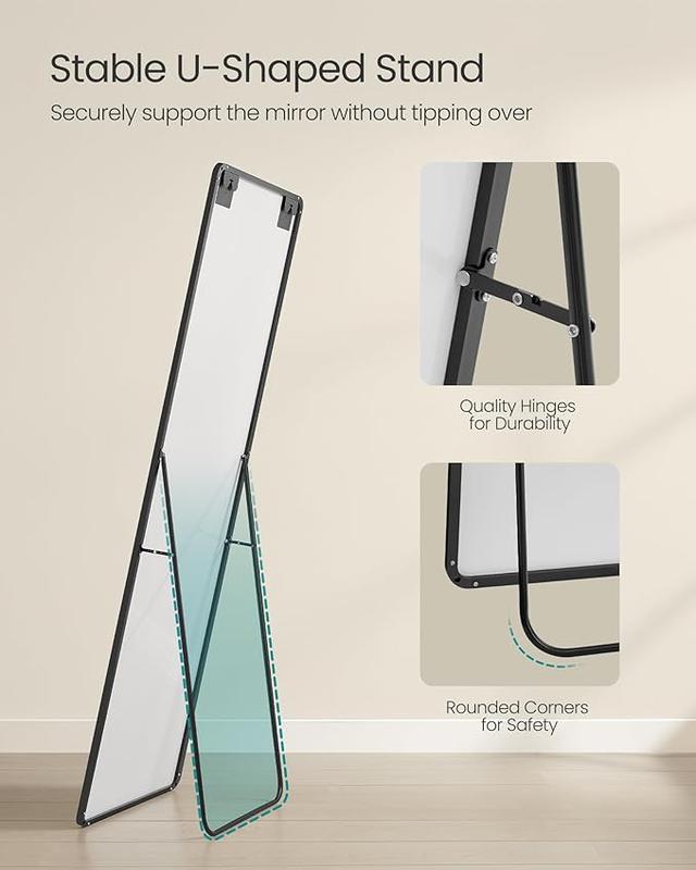 SONGMICS Full Length Mirror, Floor Standing Mirror with Stand, Wall Aluminum Alloy Thin Frame Hanging or Leaning for Living Room Bedroom Cloakroom decorating