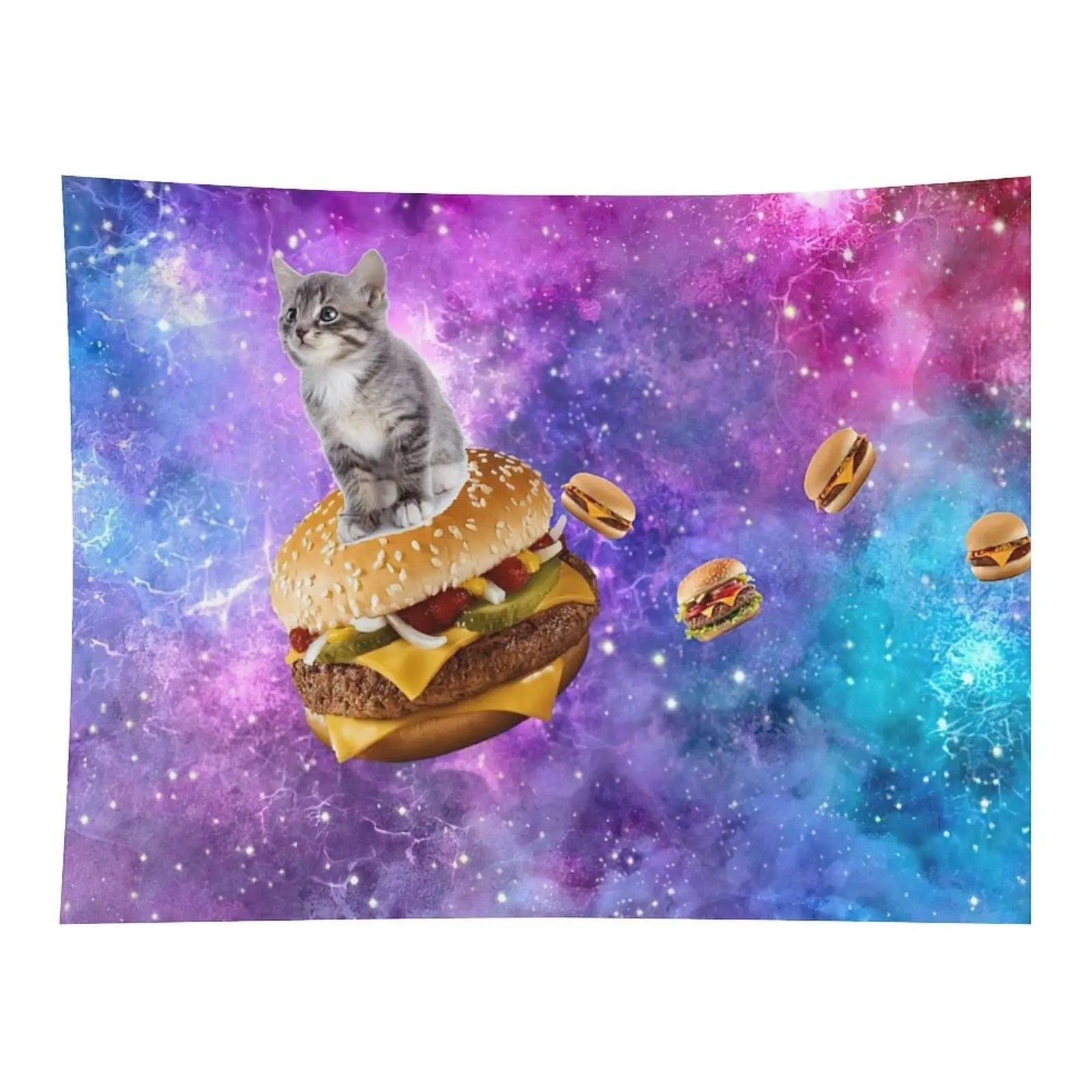 Cat Riding Burger Tapestry Funny Galaxy Wall Hanging, Space Kitten Hamburger Tapestry for Bedroom Dorm Decor