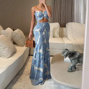 Women’s tropical print bandeau vacation dress with drawstring, ruching, shirring, frill trim, cinched waist, slim fit, ruffle hem—beach casual mermaid dress