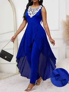 Women's Patchwork Peplum Design Jumpsuit, Elegant Formal Sleeveless Round Neck Jumpsuit for Party Wedding Guest, Ladies Clothes for All Seasons