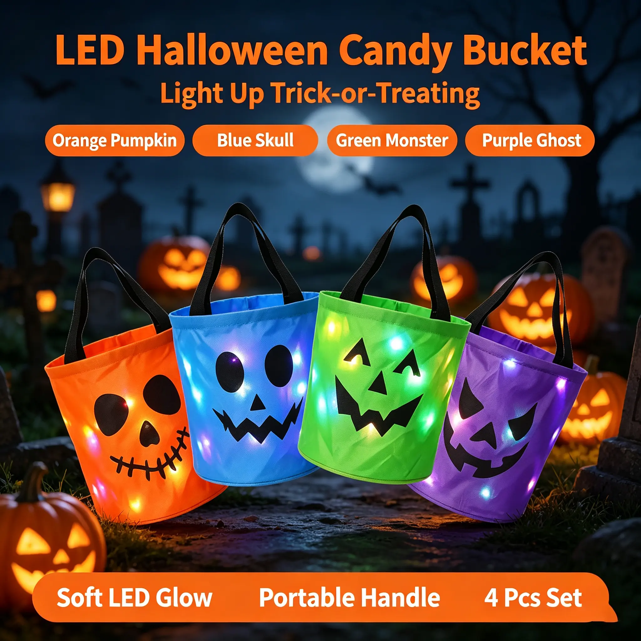 4 Pack LED Light Up Halloween Candy Buckets - Glow in Dark Jack-O-Lantern Pumpkin Trick or Treat Tote Bags with Sturdy Handle, Reusable Goody Bag for Kids Night Trick-or-Treating, Halloween Party Favors & Holiday Decor