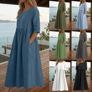 Summer New Cotton and Linen Casual Short Sleeve Pocket Fold Loose Round Neck Women's Dress