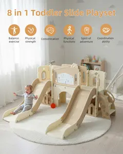 8 in 1 Toddler Dual Slide Set 5, Indoor Outdoor Playset,Baby Climber Toddler Playground,Kids Slide with Drawing Board,Basketball Hoop,Steeringwheel and Telescope, Brown & White